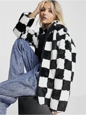 Black & White Checkerboard Faux Fur Zip-Up Jacket